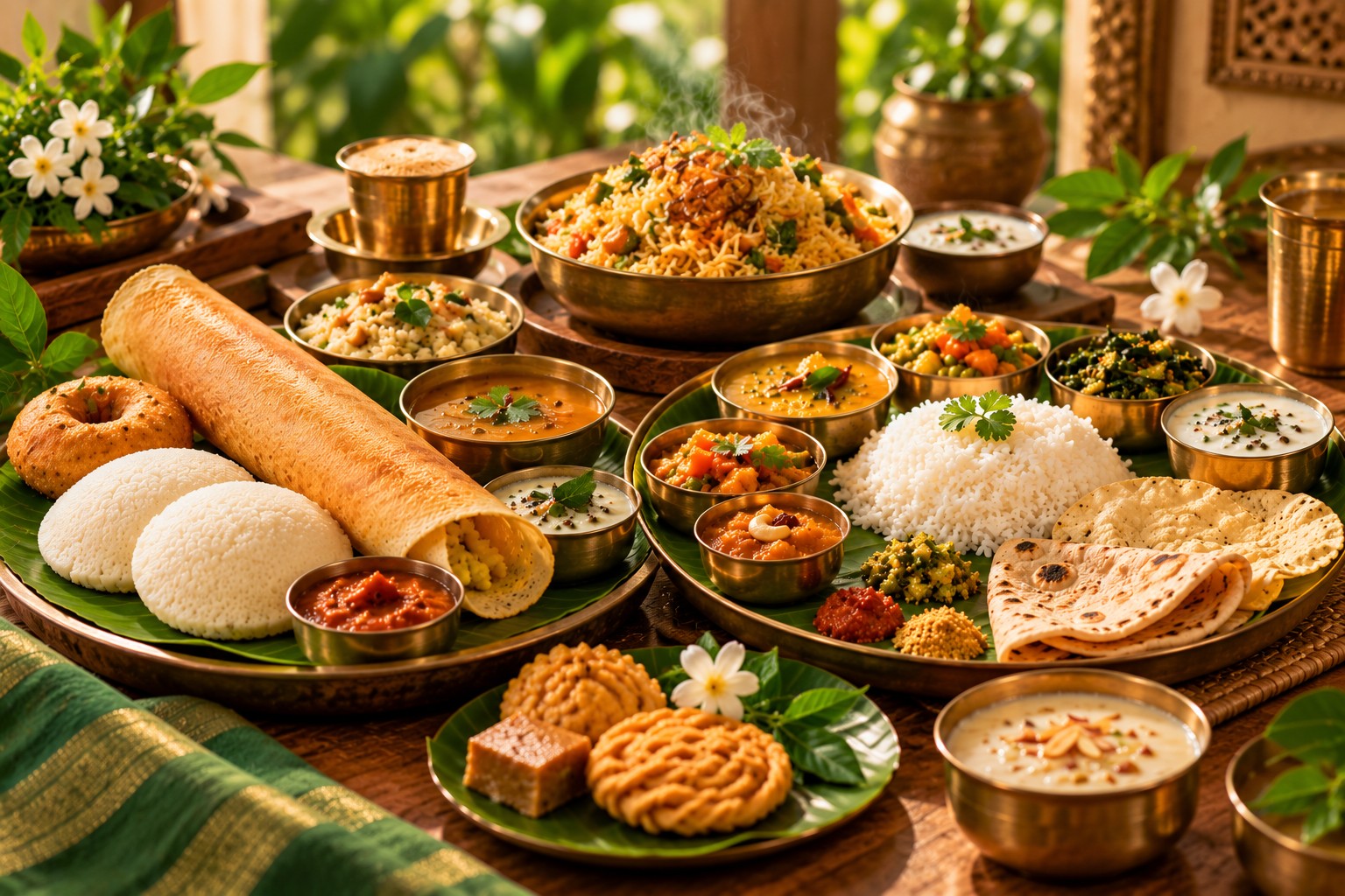 A traditional vegetarian spread featuring South Indian breakfast, meals and biryani